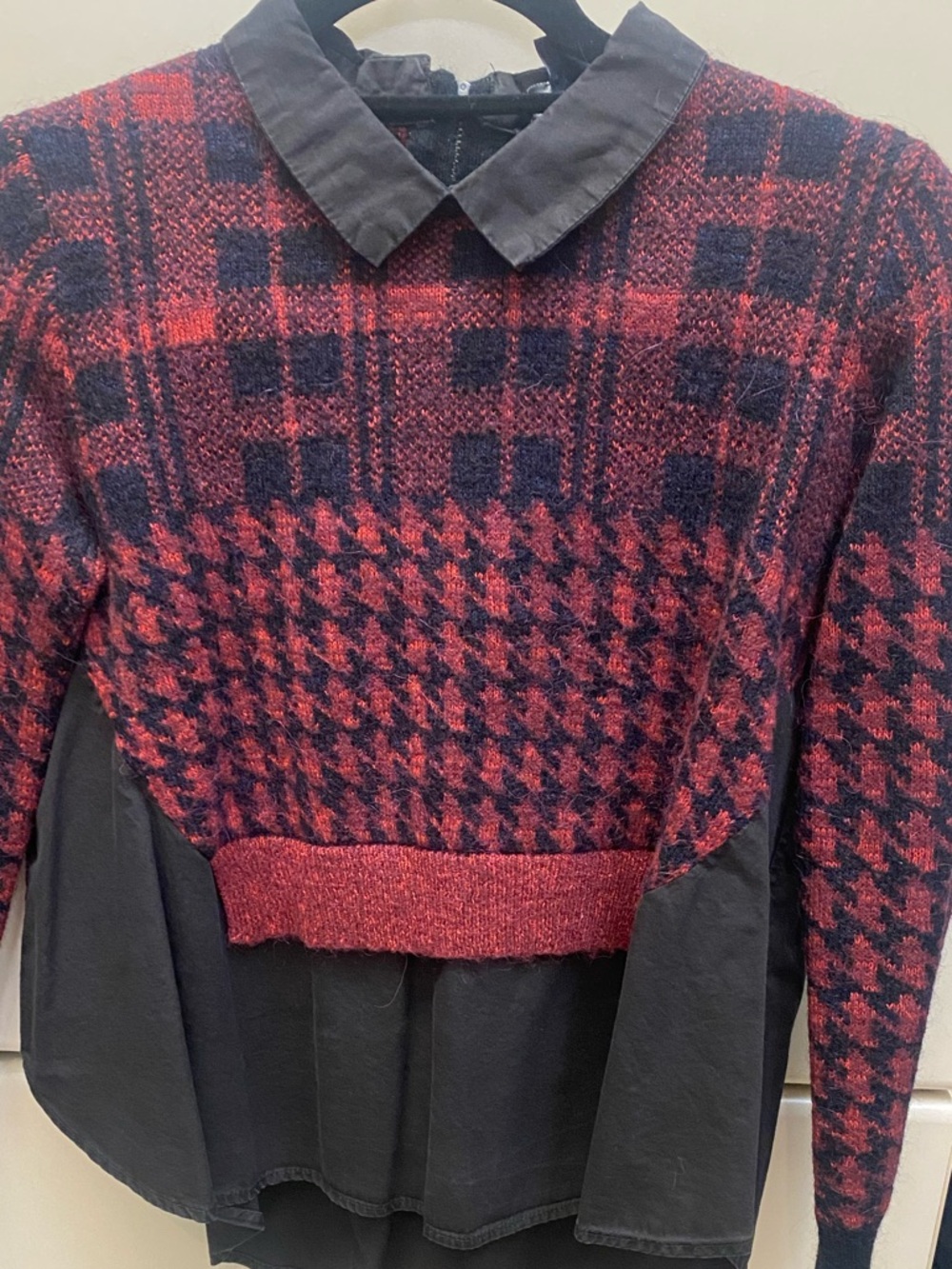 French Connection Red and Black Patterned Knit Layered Top